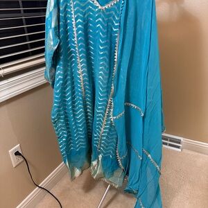Turquoise Banarsi  Embellished Ethnic Dress with Dupatta